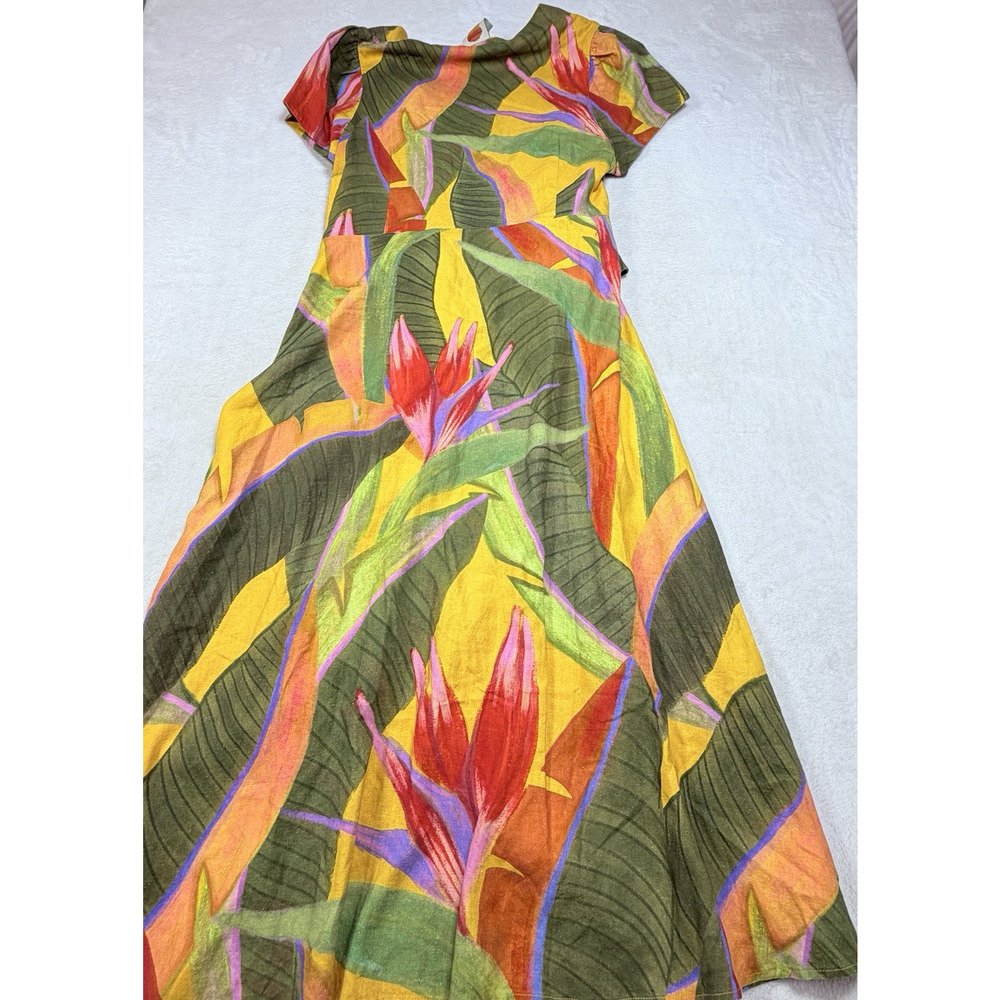 Farm Rio Yellow Tropical Leaf O-Ring Cut Out Midi Dress Resortwear Boho SZ XL - Picture 2 of 15